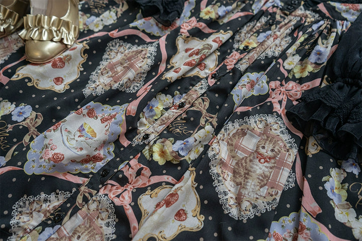 Miss Point~Cat and Rose Tea~Sweet Lolita Skirt with Cute Prints Customized Size (Black / 2XL L M S XL XS) 42140:728157