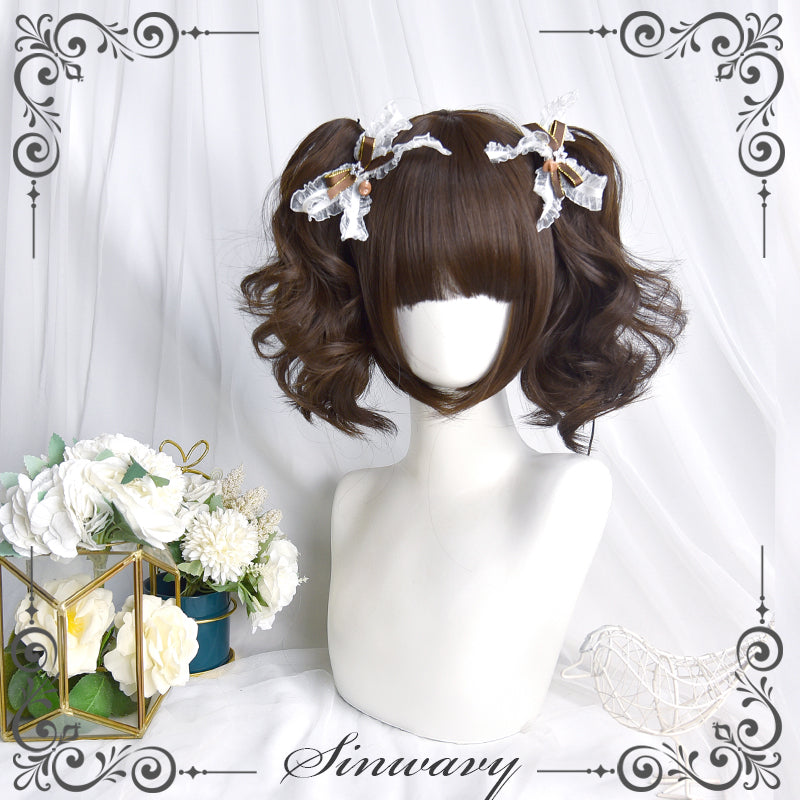 Sinwavy~Pandora's Box~Lolita Short Wig with Cute Double Ponytails dark brown - ripple curls, only a pair of ponytails  