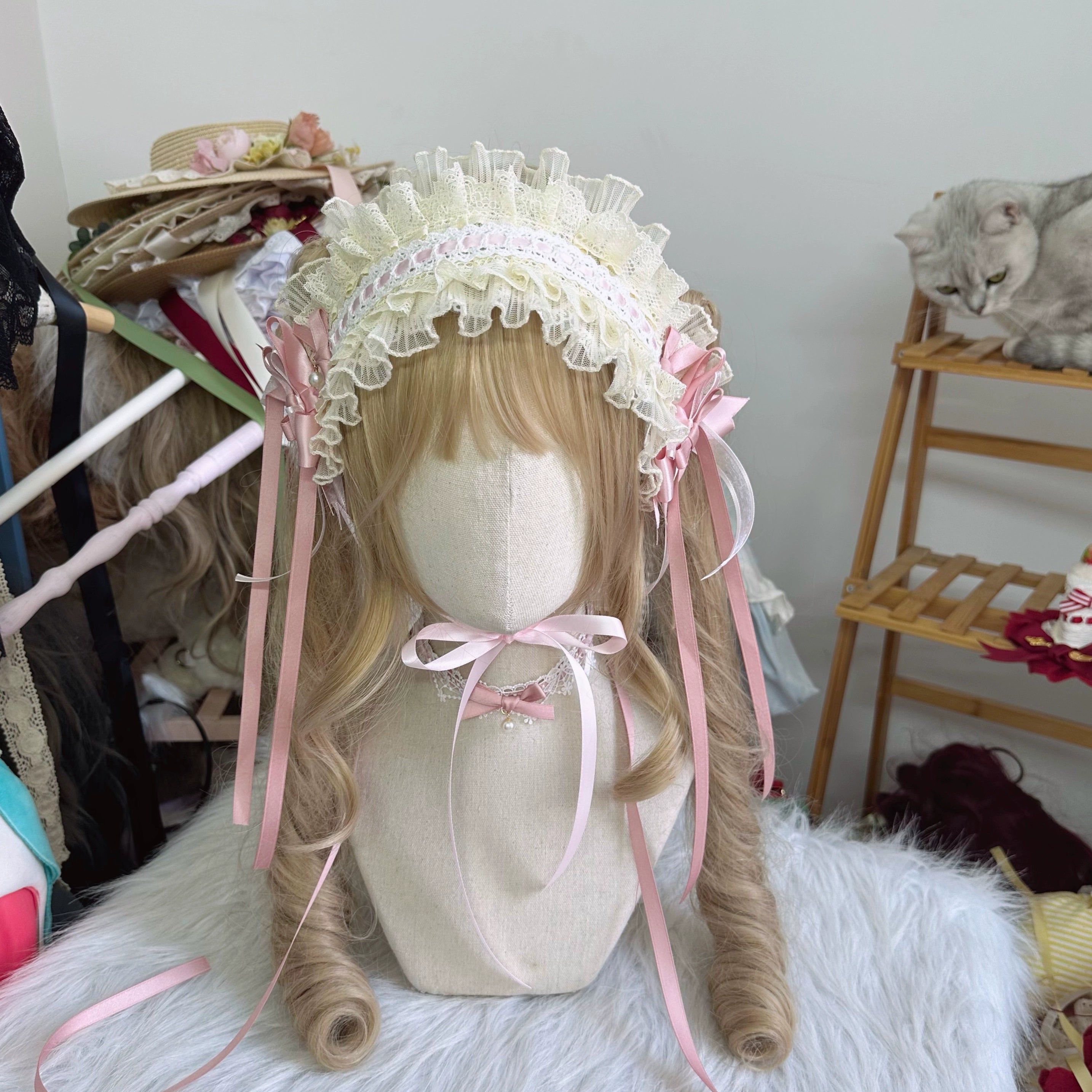 Chestnut Lolita - Sweet Lolita Headdress, Bow and Lace Decoration Off-white Pink Hairband Only