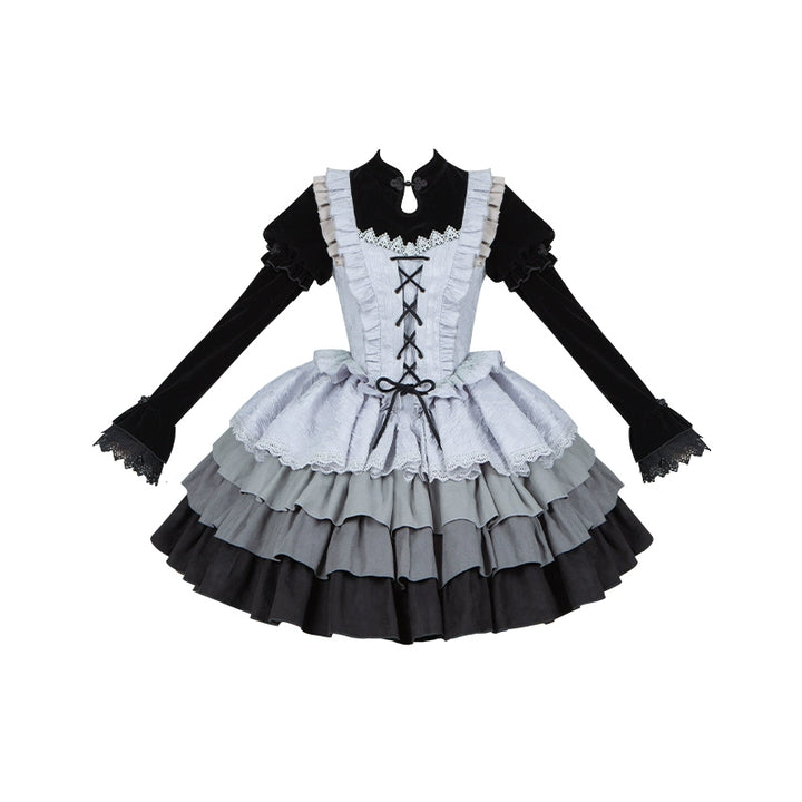 With Puji~Innocent Talk~Halloween Chinese Style Lolita OP Black-silver Gray Dress S short OP 