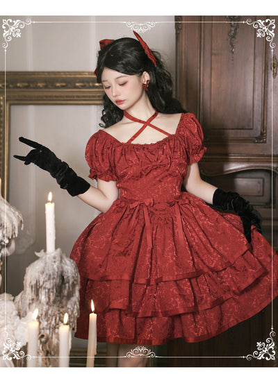 Eieyom~Elegant Lolita Short Sleeve Red Dress   