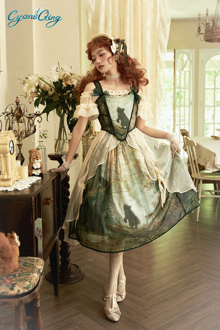 Cyan~Morning of Pine Forest~Elegant Lolita Bear Print Skirt   