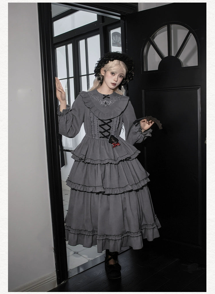 With PUJI~Castle Night~Gothic Twins Lolita OP Three-tiered Embroidery Dress