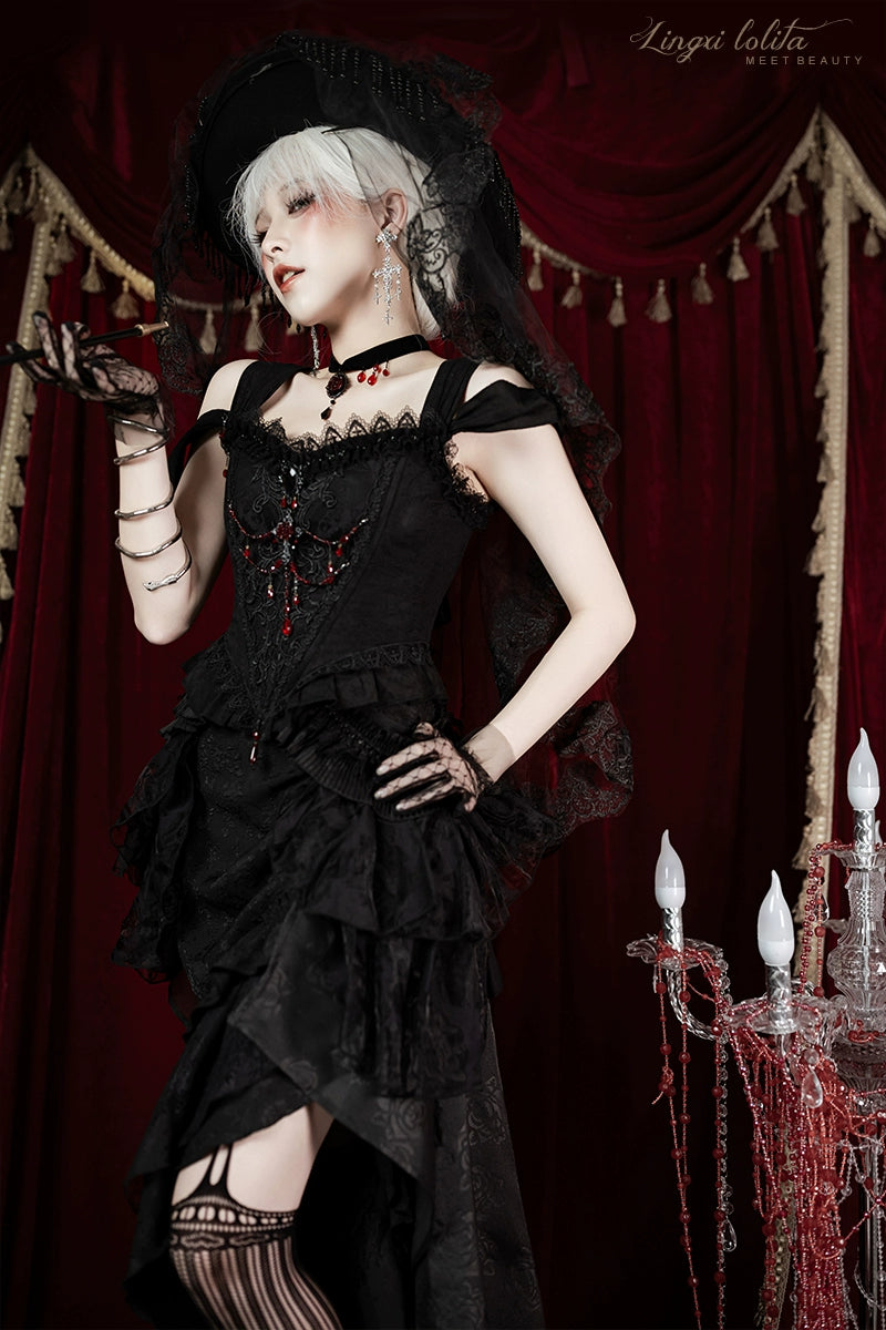 Lingxi Lolita~Lord of the Night~Gothic Lolita Skirt Suit Mermaid Skirt and Fishbone Bodice 42159:730271