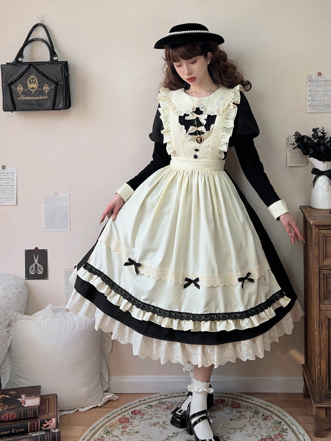 Qianmu~Classic Maid~Gothic Maid Lolita OP Suit with Apron and Jabot