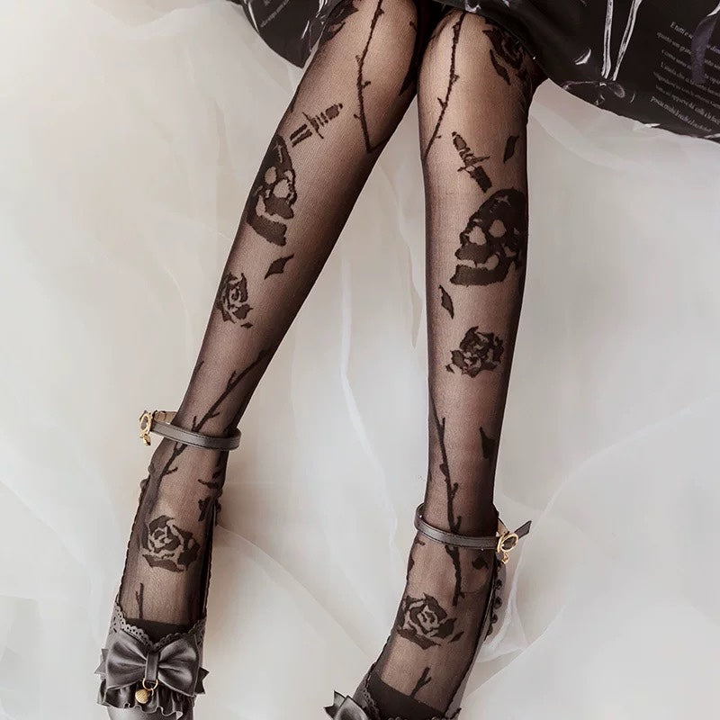 A Flying Rabbit~Daily Lolita Rose Print Glass Yarn Stockings white  