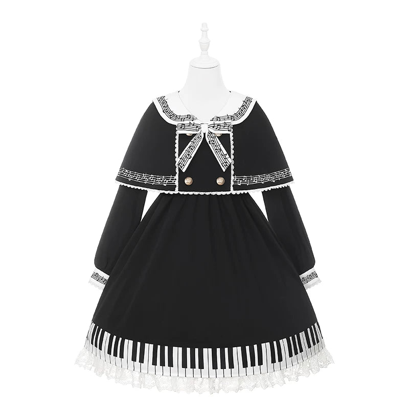 Piano Serenade - Old School Lolita Cape Layered Dress, Musical Note Embroidery (L M S) 45785:862521