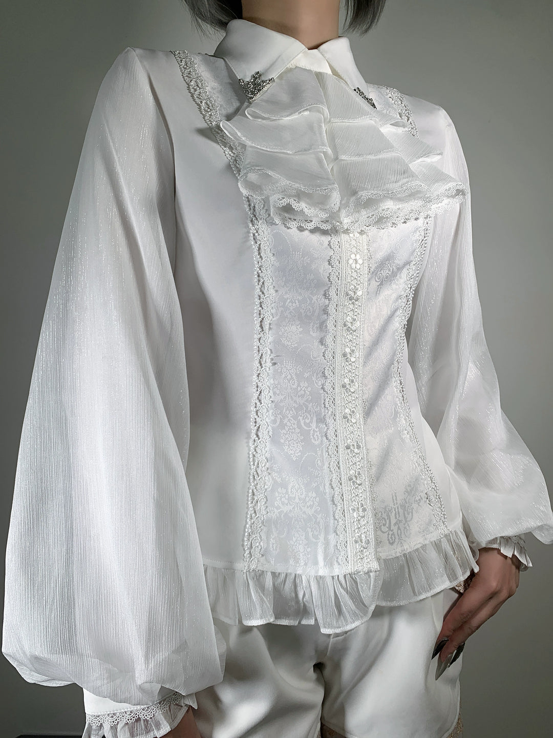 Little Dipper~Silver Elimination~Ouji Lolita Blouse with Long Sleeves and Jabot White blouse with jabot S