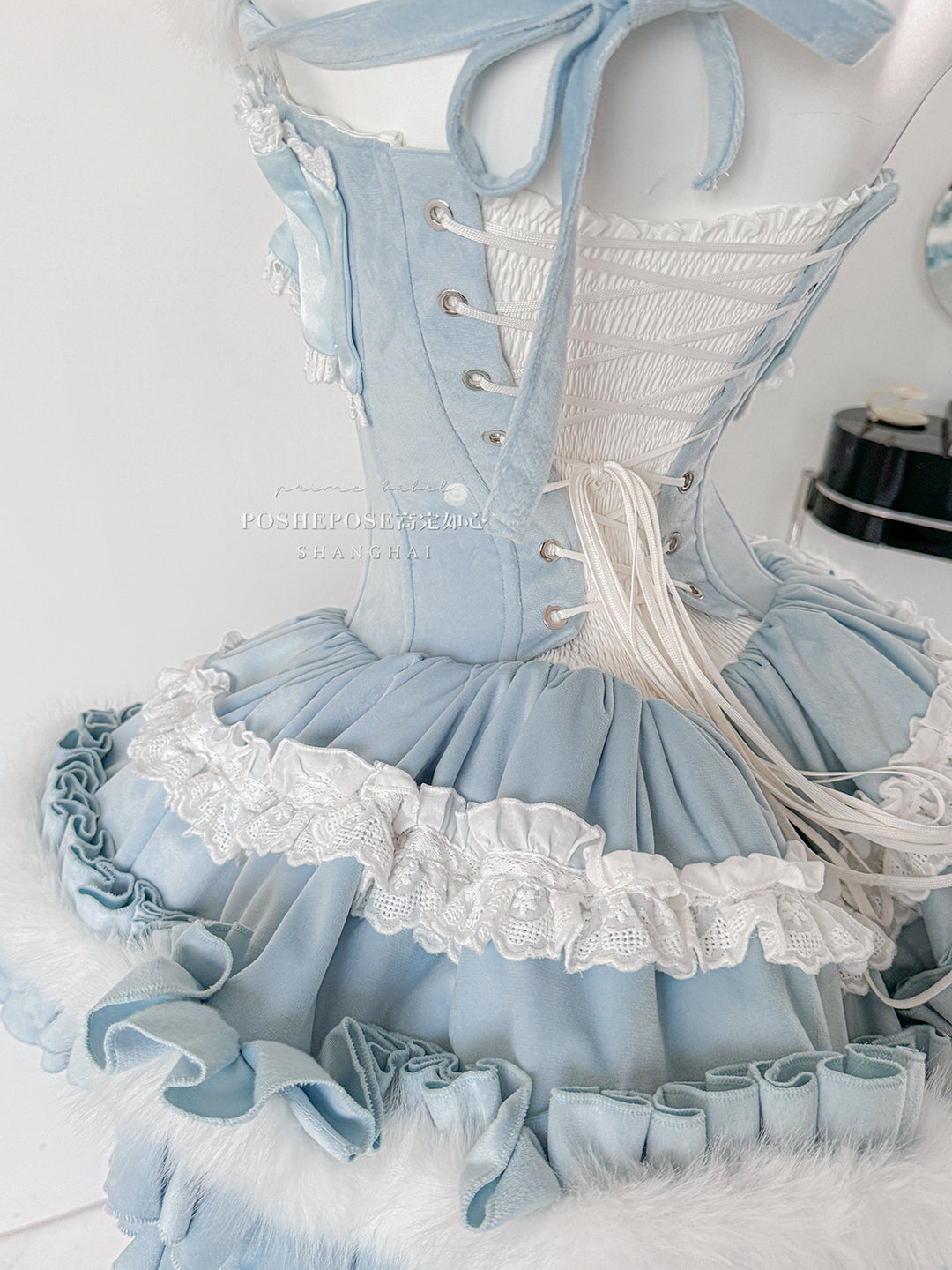 POSHEPOSE~Chuling Swan Lake~Sweet Lolita JSK Set Velvet Blue Dress for Prom 42865:755862