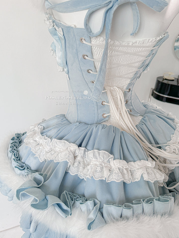 POSHEPOSE~Chuling Swan Lake~Sweet Lolita JSK Set Velvet Blue Dress for Prom 42865:755862