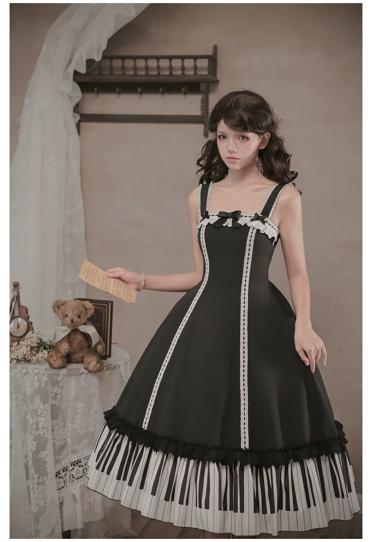 Solo Moment - Classic Lolita JSK & Blouse Dress Set, Piano Keys Print 45940:869022