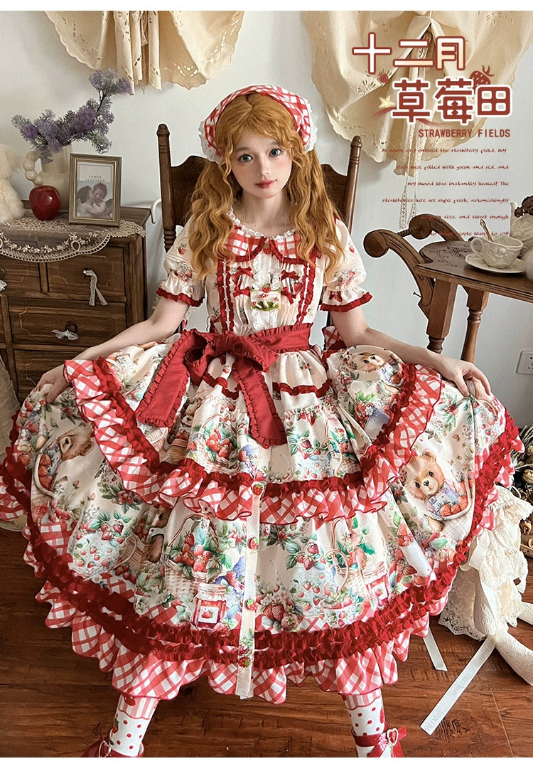 Spireme Cat~December Strawberry Field~Sweet Lolita OP Dress Strawberry Printed Dress