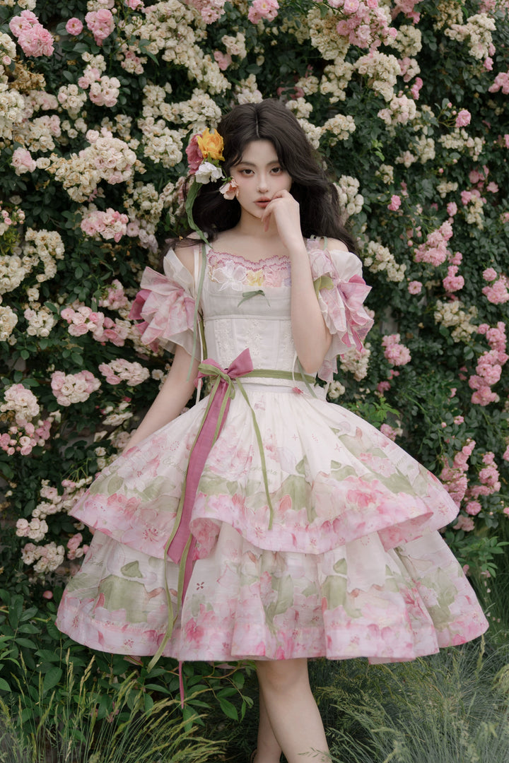 KISS Deer~Alpine Rhododendron~Sweet Lolita Skirt Set Pink Green Floral Lolita Dress   