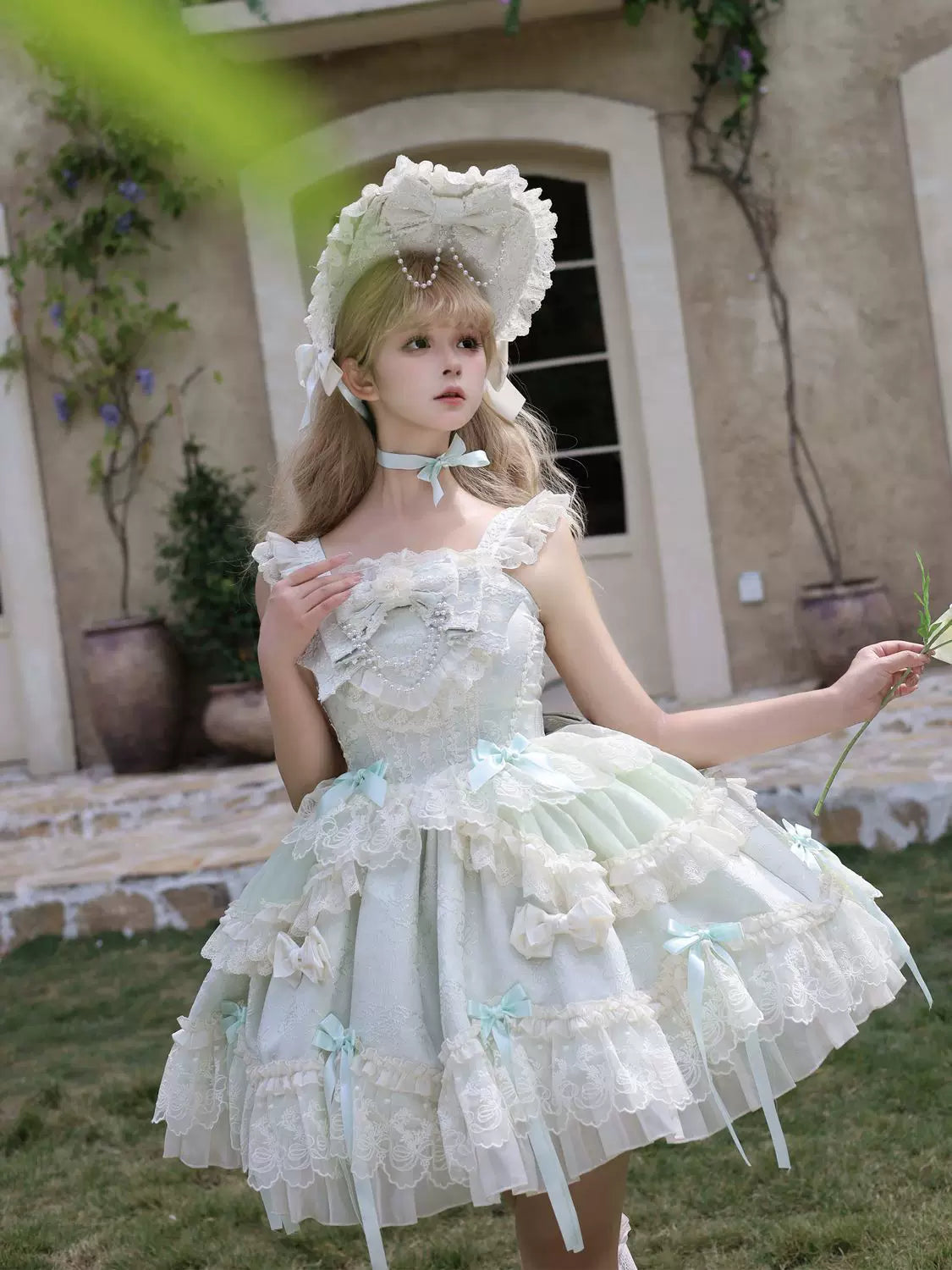 Blooming Love - Ballet-inspired Sweet Lolita JSK Dress, Lace & Bows Green - JSK Only S