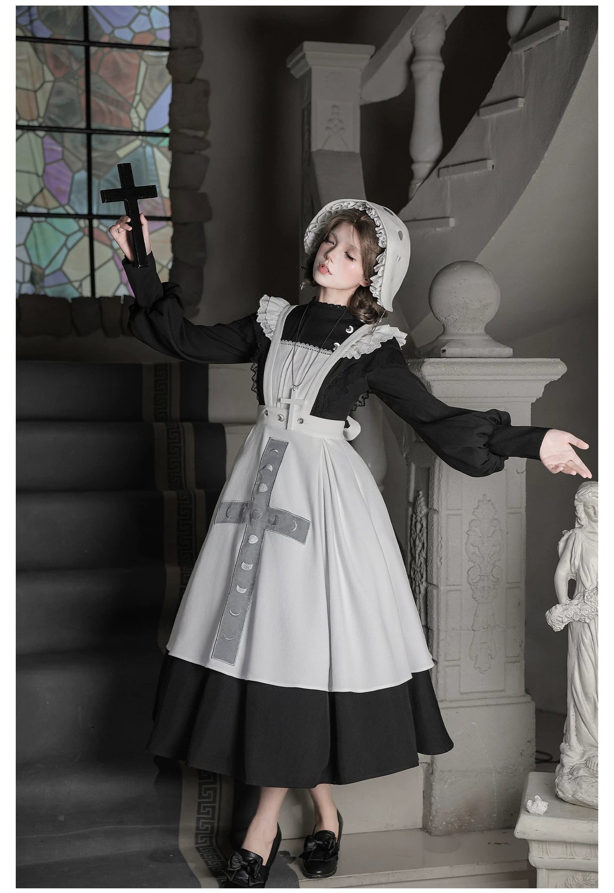 Moon Phase - Gothic Lolita OP Dress Set, Detachable Cross-Shaped Apron 46035:873429