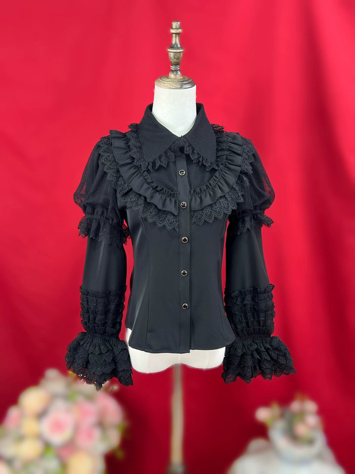 DMFS Lolita~Sweet Lolita Shirt Peter Pan Collar Blouse Detachable Sleeves Black S 