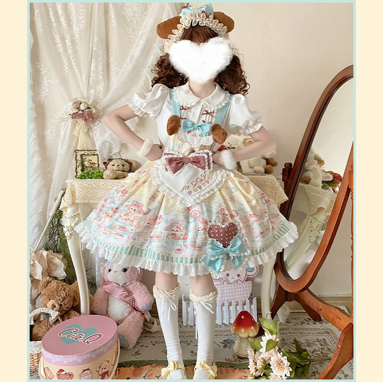 YingLuoFu~Sweet Pet Paradise~Kawaii Lolita Salopette Dress Pet Print   