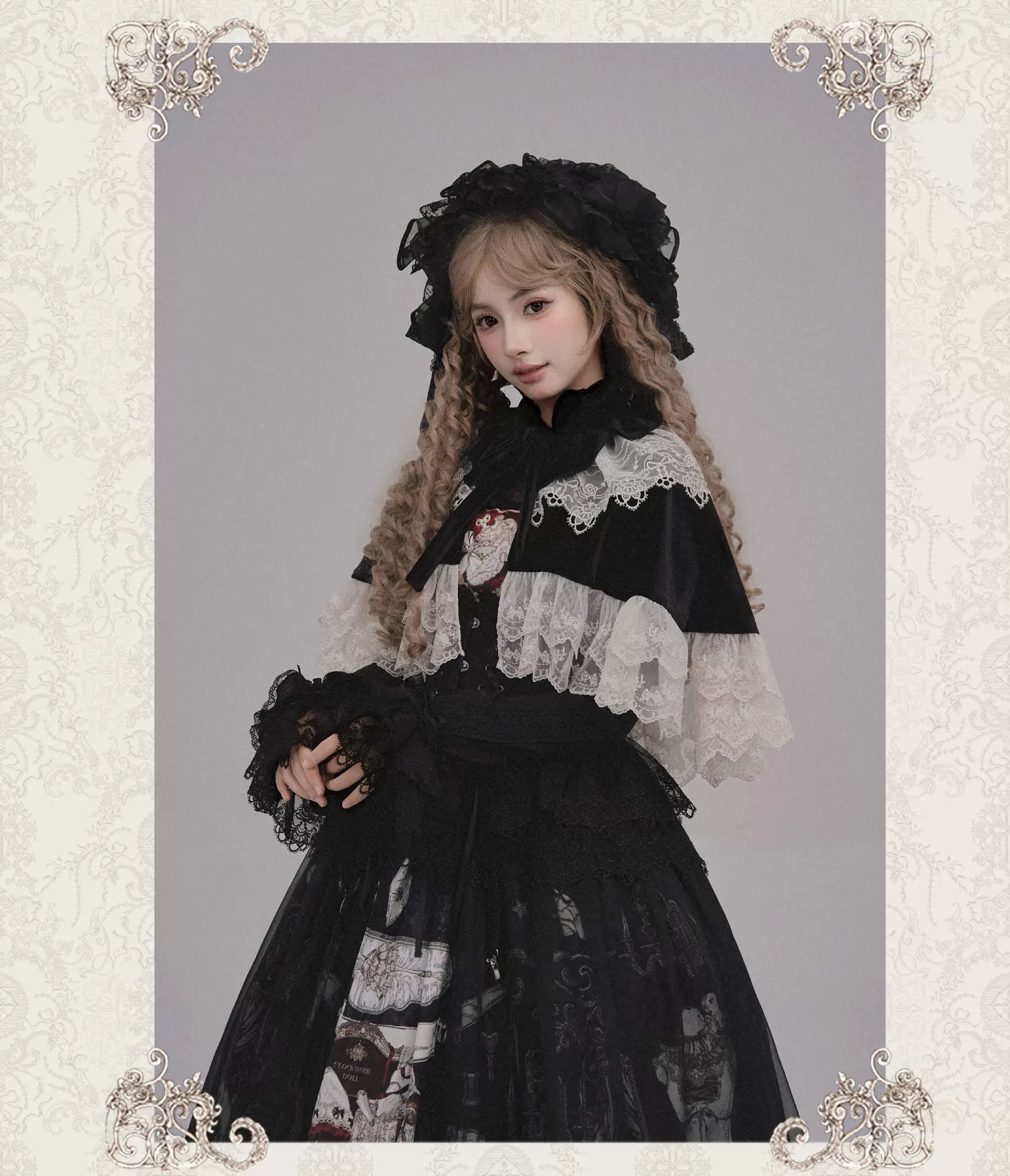 Clockwork Doll - Gothic Lolita Printed Dress, Lace & Bows 45186:839285