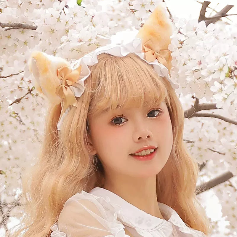 ZhiJinYuan - Sweet Lolita Lace Bow Hairband Multicolors lazy cat headdress