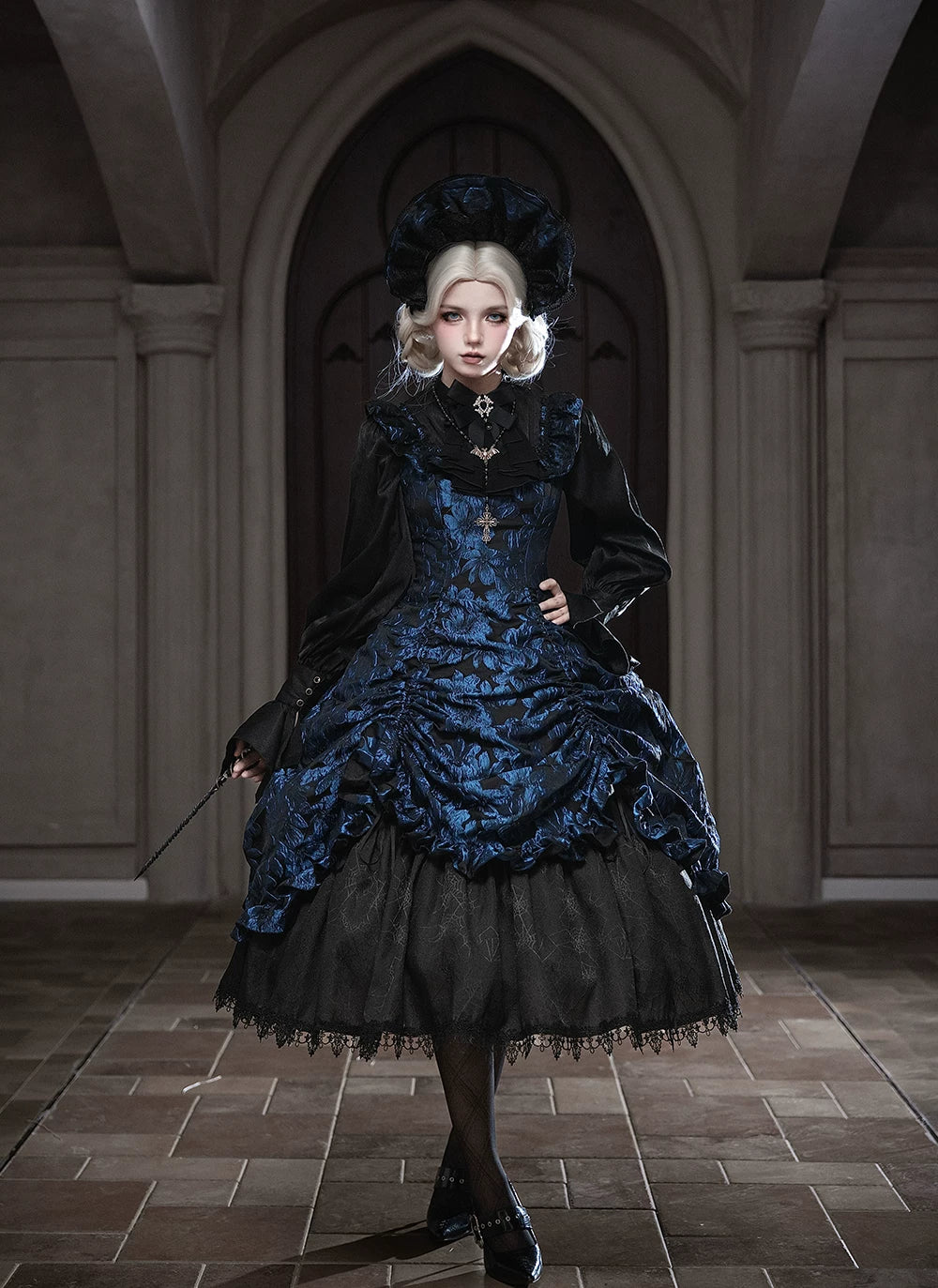 Midnight Lily - Gothic Lolita Lily Jacquard JSK Dress, Drawstring Lift-up Hem 45765:861804