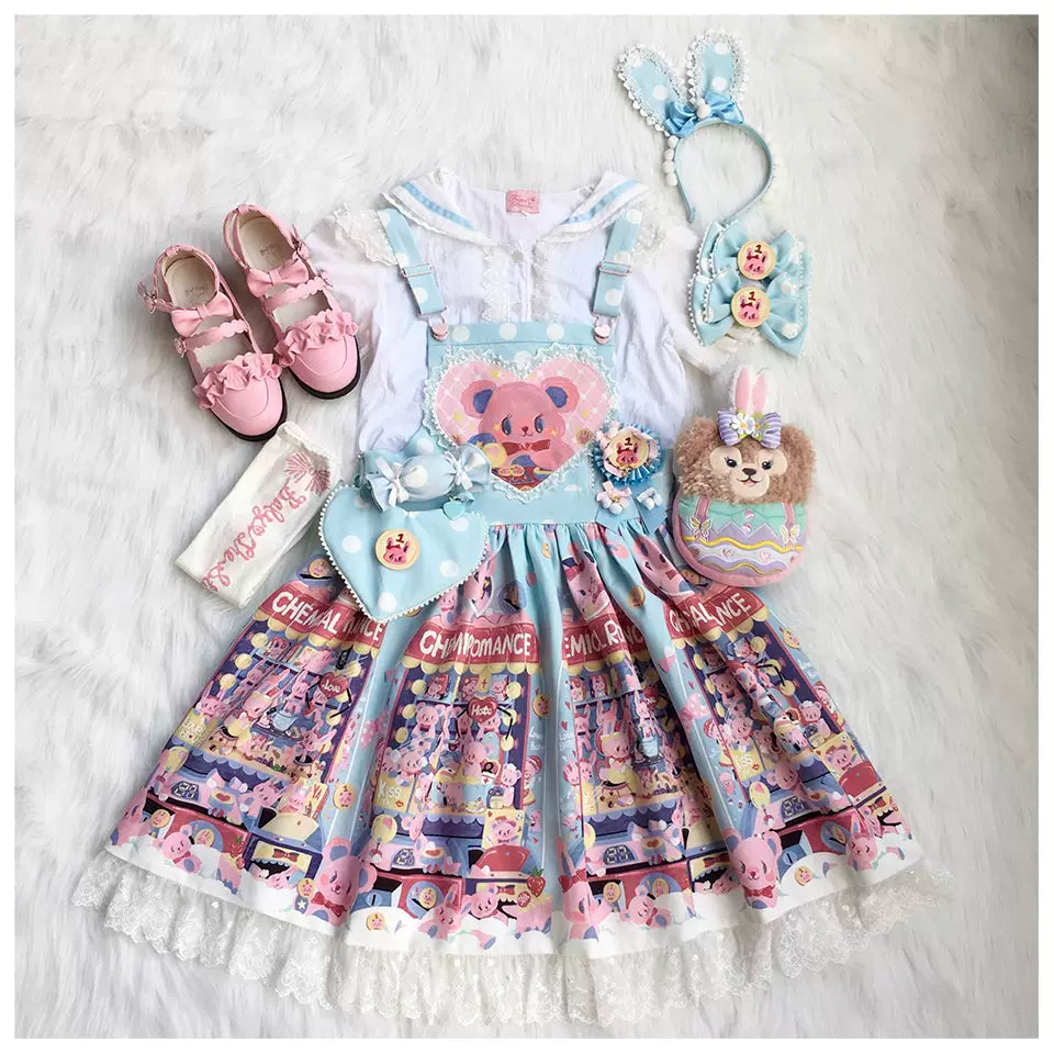 Chemical Romance - Sweetheart Doll Machine - Sweet Lolita Printed Salopette S with lace light blue