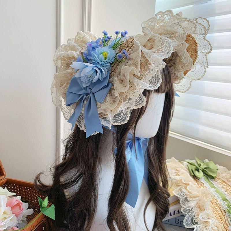 With PUJI~Floral Language~Country Lolita Lace Bow Flat Cap Straw Hat   