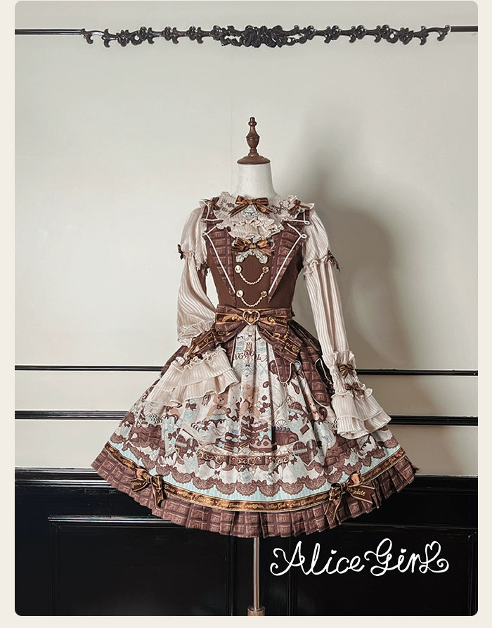Alice Girl - Bear Chocolate Bar - Kawaii Lolita Blouse, Long Sleeve