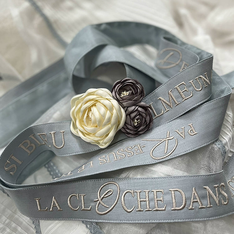 JS Lolita~Paris Holiday~Elegant Lolita Bonnet Choker Lolita Accessories(Not Sold Individually) Grey-Blue Embroidered Long Waist Belt with Camellia Brooch Free size 