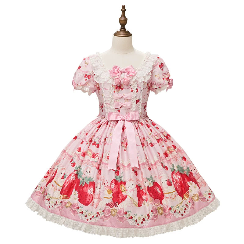 Strawberry Momo Party - Sweet Lolita OP and JSK, Strawberry Print and Cake Embroidery (L M S XL XS) 45548:853162