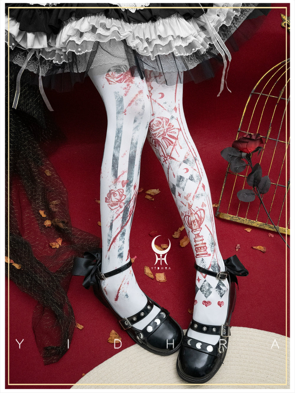 Yidhra - Rose Printed Gothic Lolita Pantyhose (White) 43460:777190
