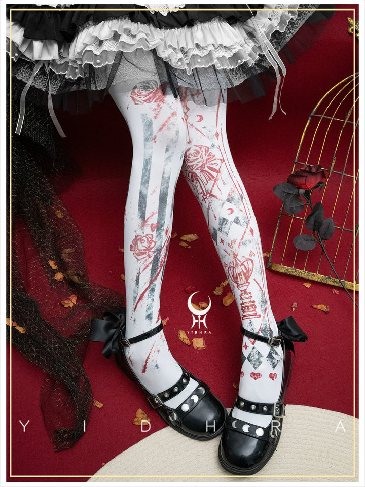 Yidhra - Rose Printed Gothic Lolita Pantyhose White