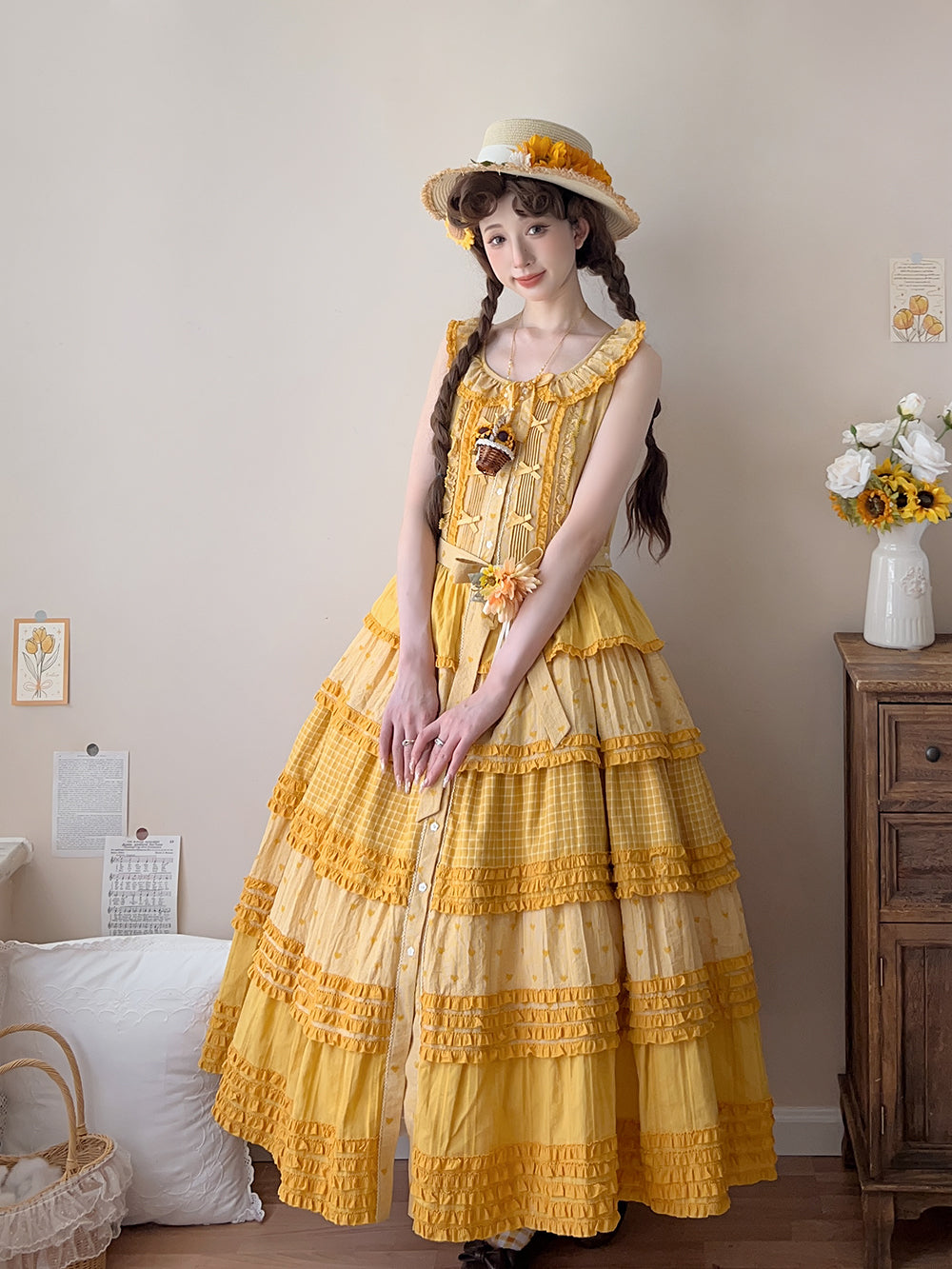 Miss Point~Garden Sunflower~Country Lolita JSK Five-Tiered Open Front Dress 42509:742591