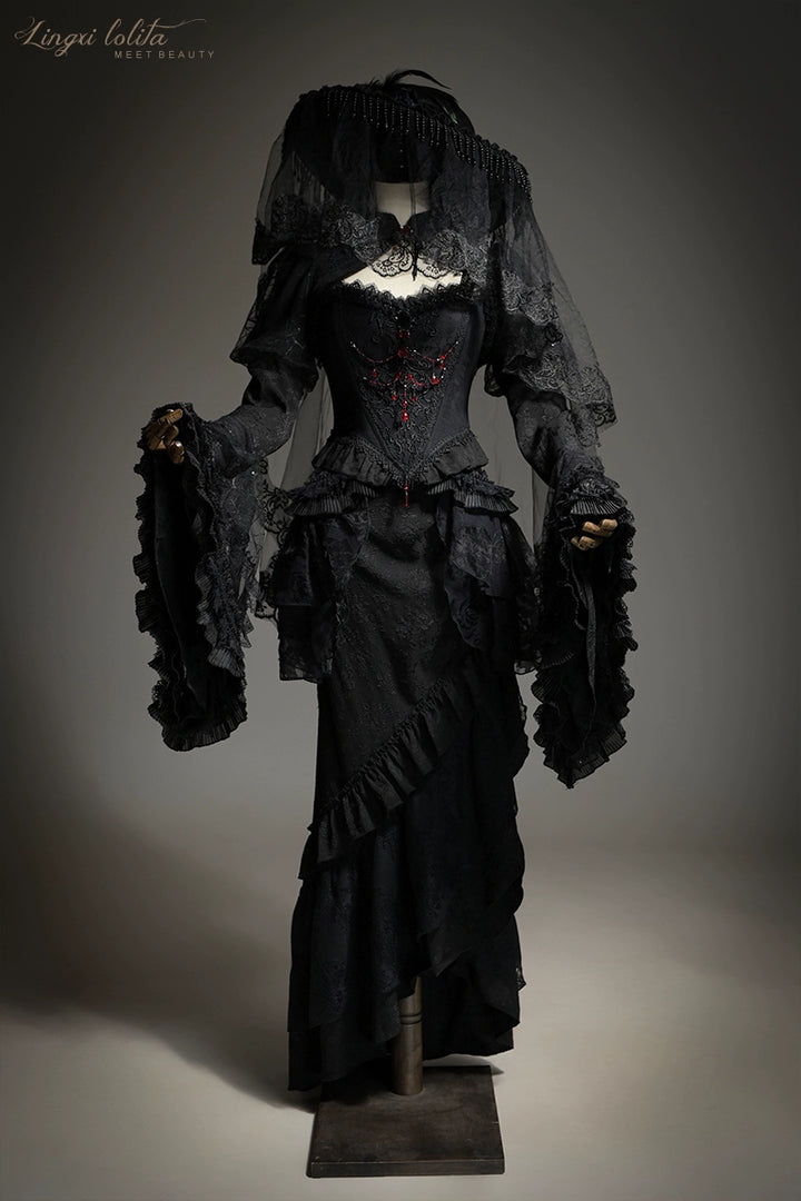 Lingxi Lolita~Lord of the Night~Gothic Lolita Skirt Suit Mermaid Skirt and Fishbone Bodice 42159:730305