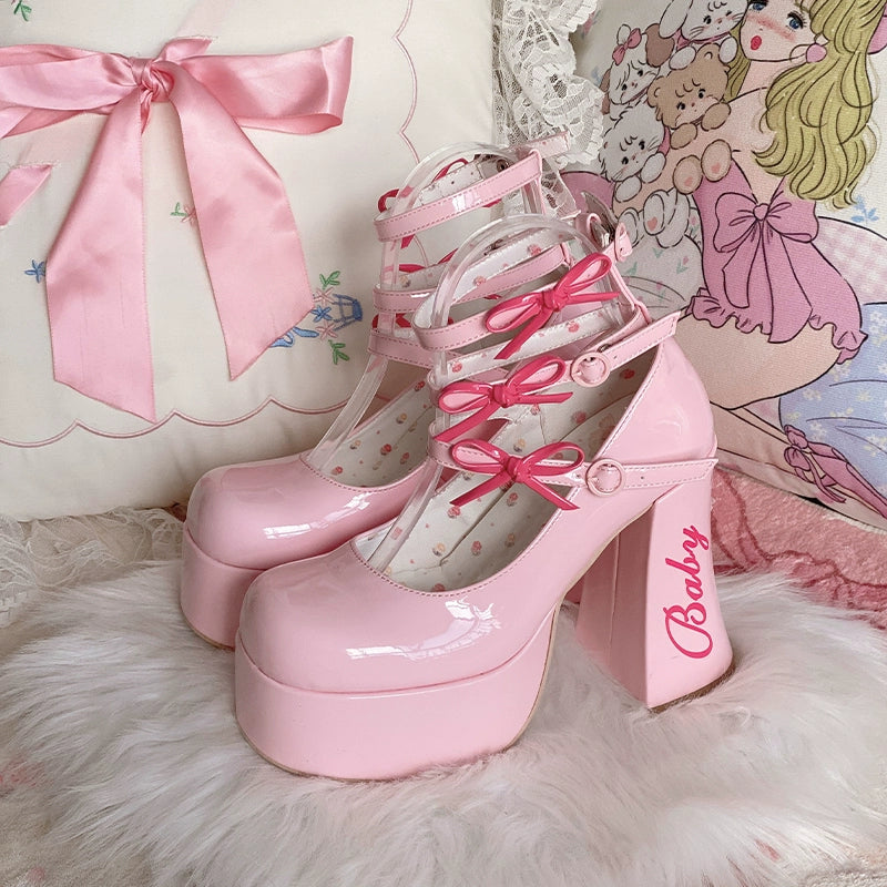 Pure Tea For Dream~Barbie Diary~Sweet Lolita Shoes Bow Platform High Heel Shoes 34 Girly Pink 