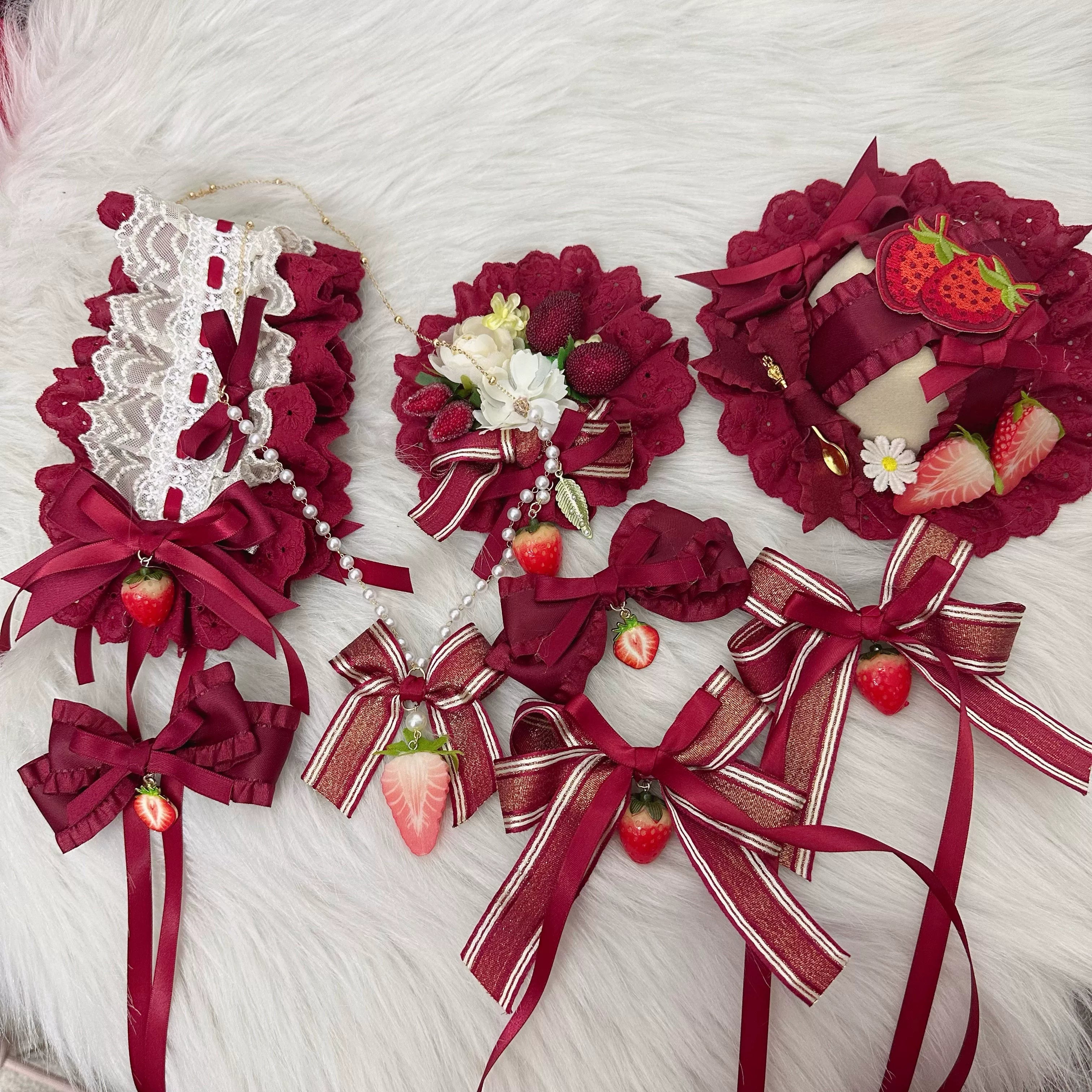 Red Sweet Lolita Headdress, Bows and Strawberry Pendants