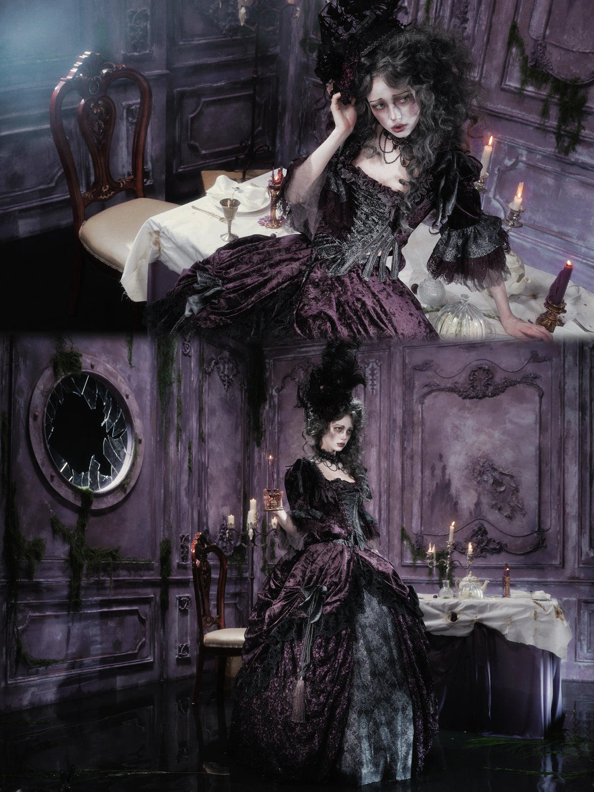 Undead's Gift - Halloween Gothic Lolita Draped Panel Skirt Set, 3D floral lace