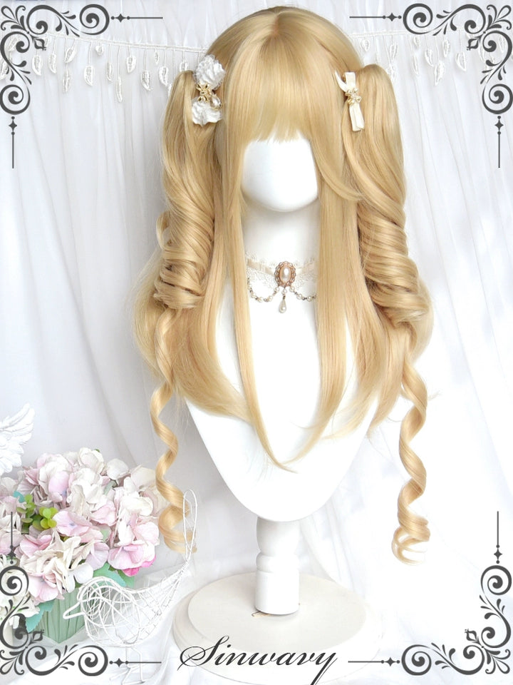 Sinwavy~55CM Blonde Lolita Curl Wig Detachable Double Ponytail Long curl wig+ a pair of ponytails (with free tail comb+ hair net)