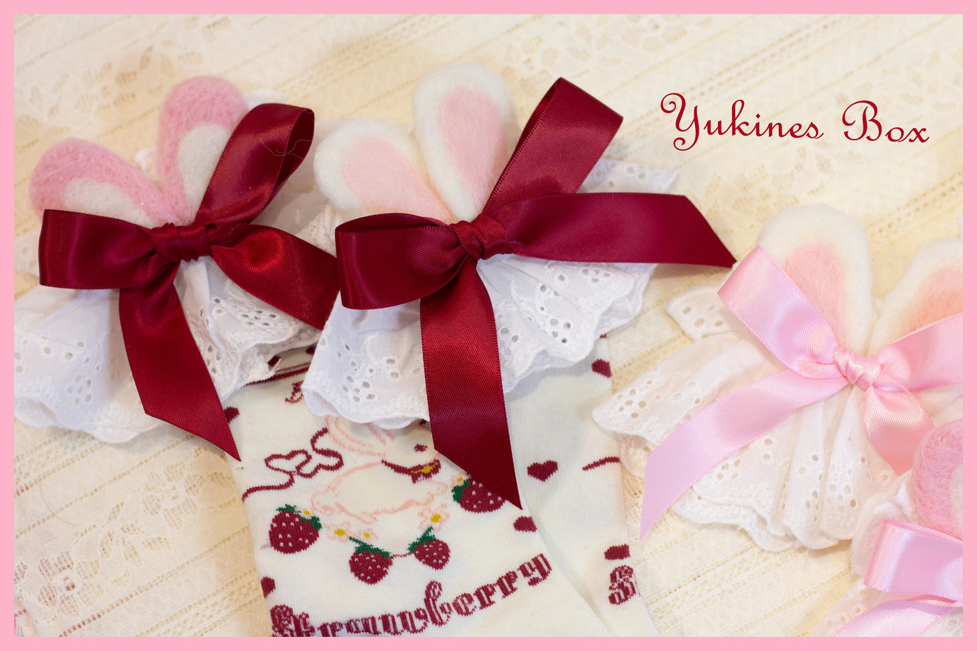 Yukines Box~Kawaii Lolita Rabbit Ear Cuffs and Ankle Lace a pair of ankle lace pink rabbit ears with pink bow 