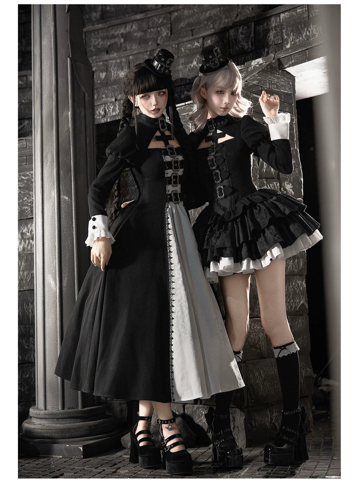 Klein - Black and White Gothic Lolita OP Dress Set, Metal D-rings 45996:871462