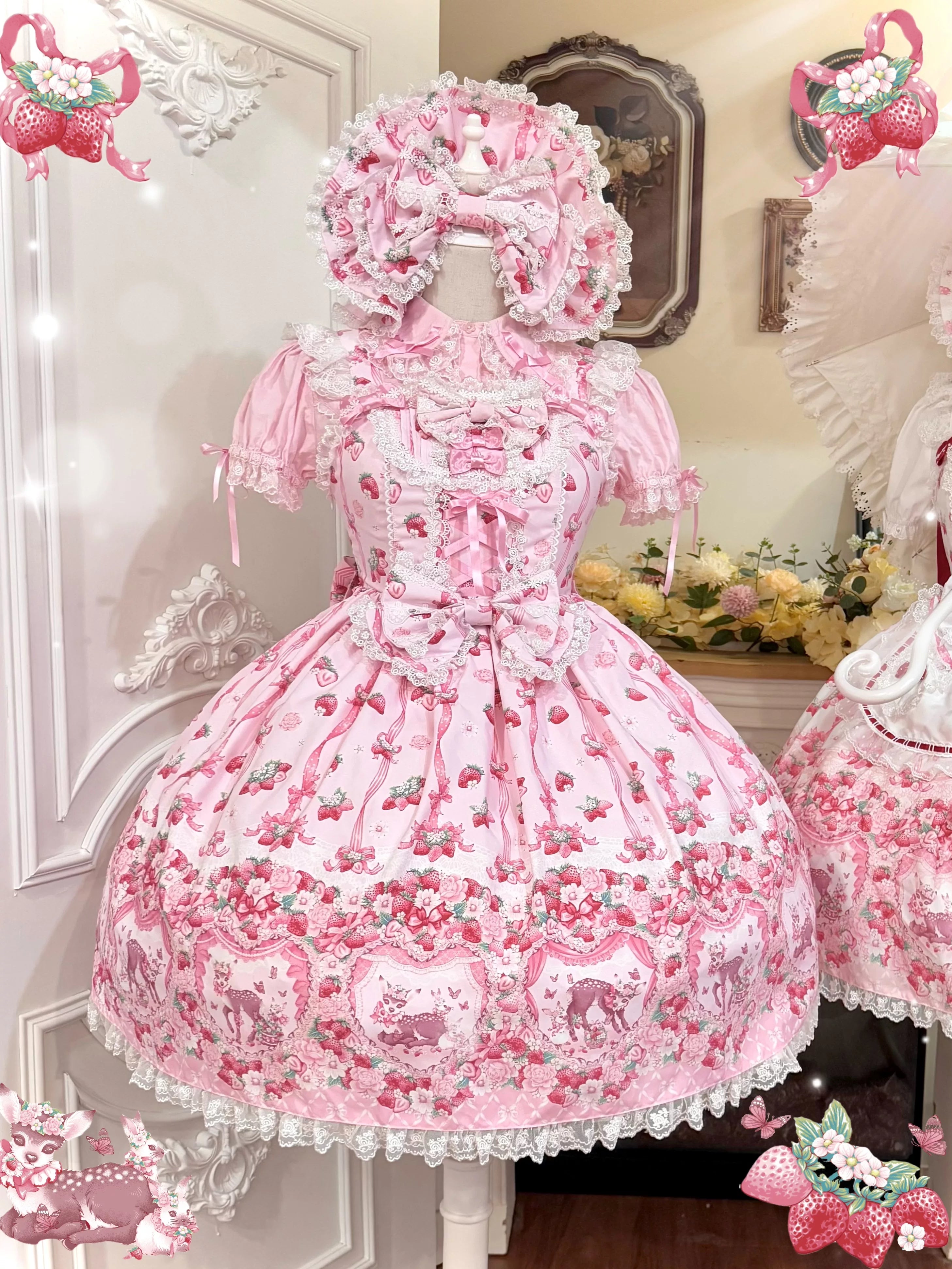 Deer Strawberry Garden - Old School Lolita Deer & Strawberry Printed JSK Dress (L M S XL) 45681:860551