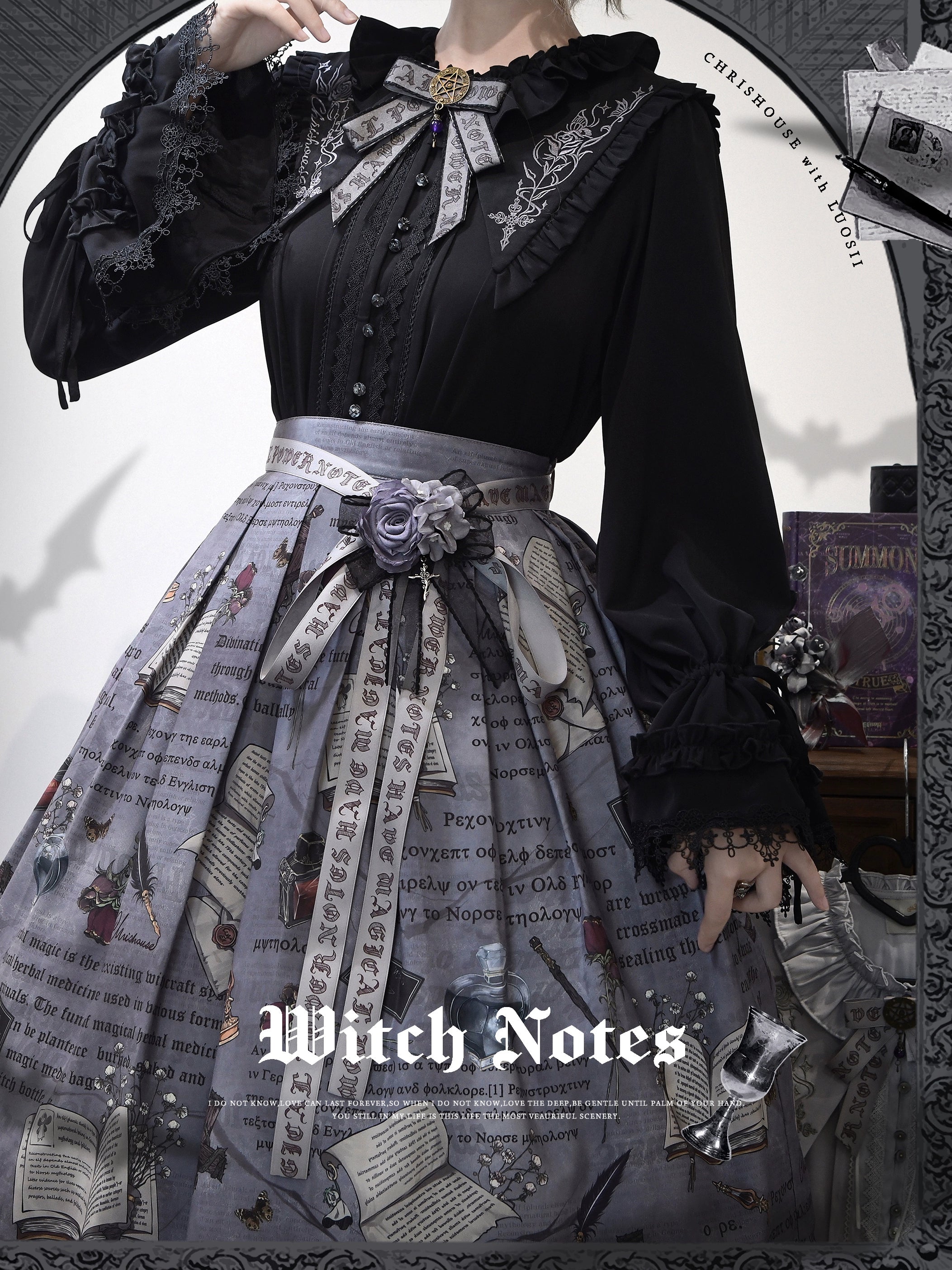 Chris House Lolita - Witch Notes - Gothic Loliat Embroidered Dress Suit, Cross and Rose Print (L M S XL) 44096:795014