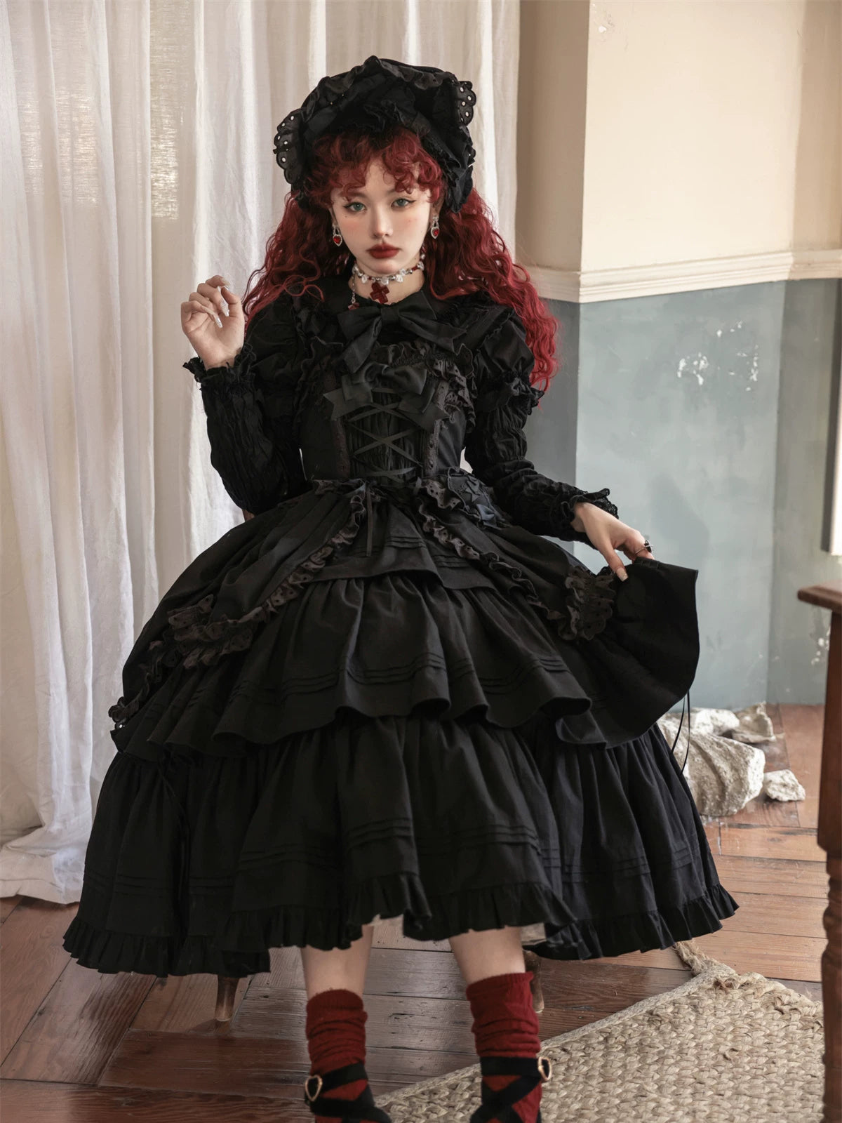Cotton Gothic Lolita Long JSK, Drawn-up Hem 45213:841056