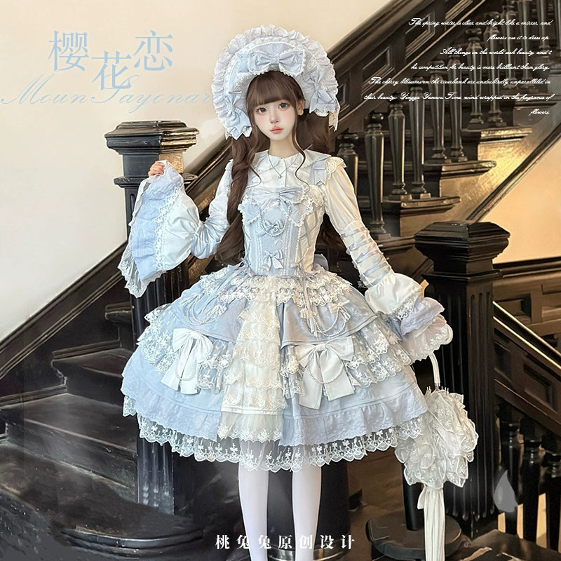 Peach Bunny - Sakura Love - Gorgeous Doll-like Lolita Dress Suit, Tiered Skirt Blue JSK + Trailing Bow S