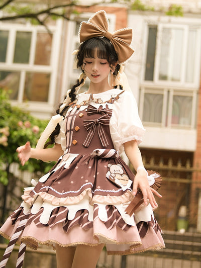 Half Sweet Lolita~Chocolate Milk Pie~Sweet Lolita Jumper Dress Summer Salopette S White short-sleeve blouse 