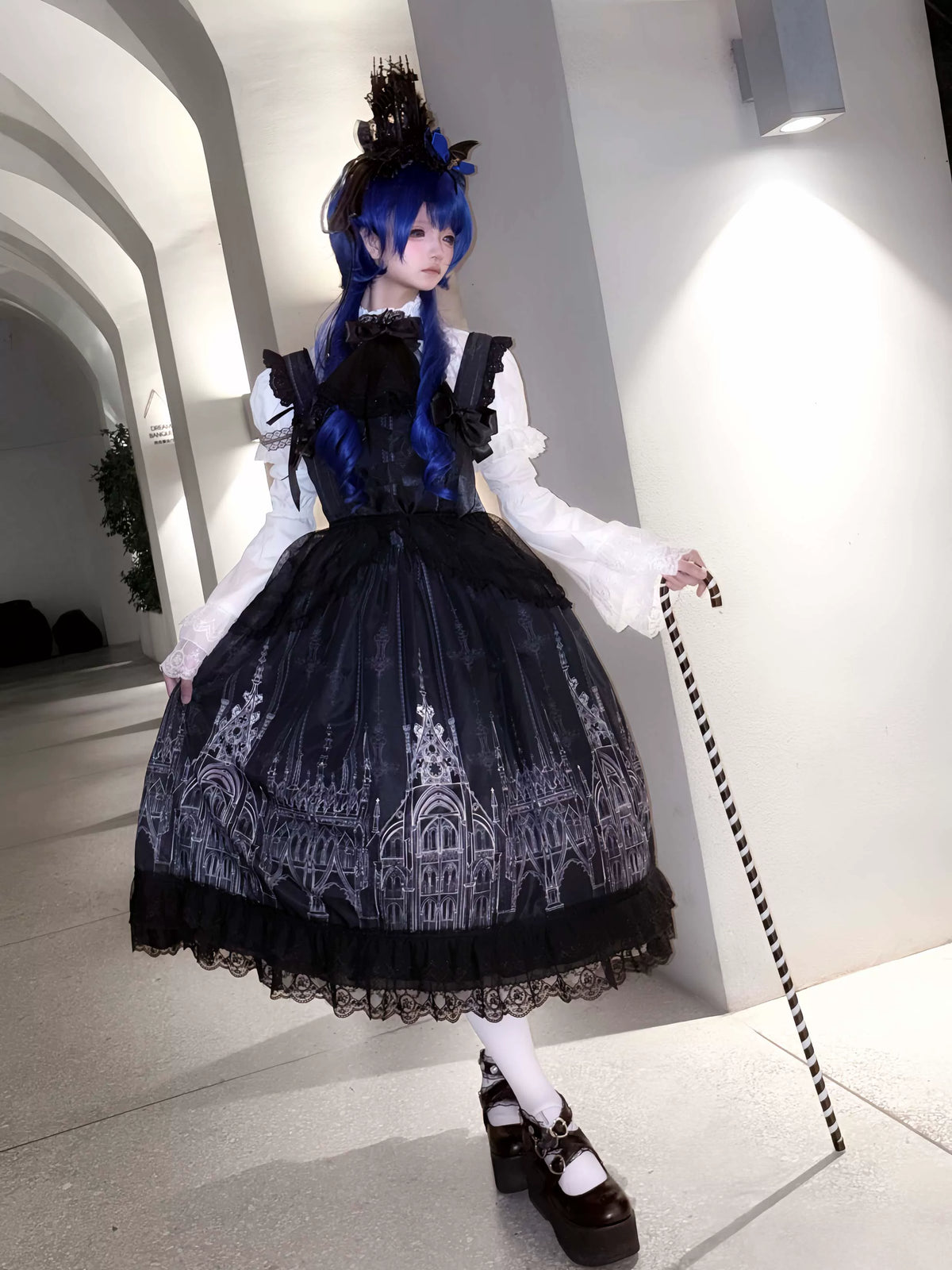 Silent Spire - Gothic Lolita Cathedral Print JSK & OP Dress Set, Side Pockets 45921:868112
