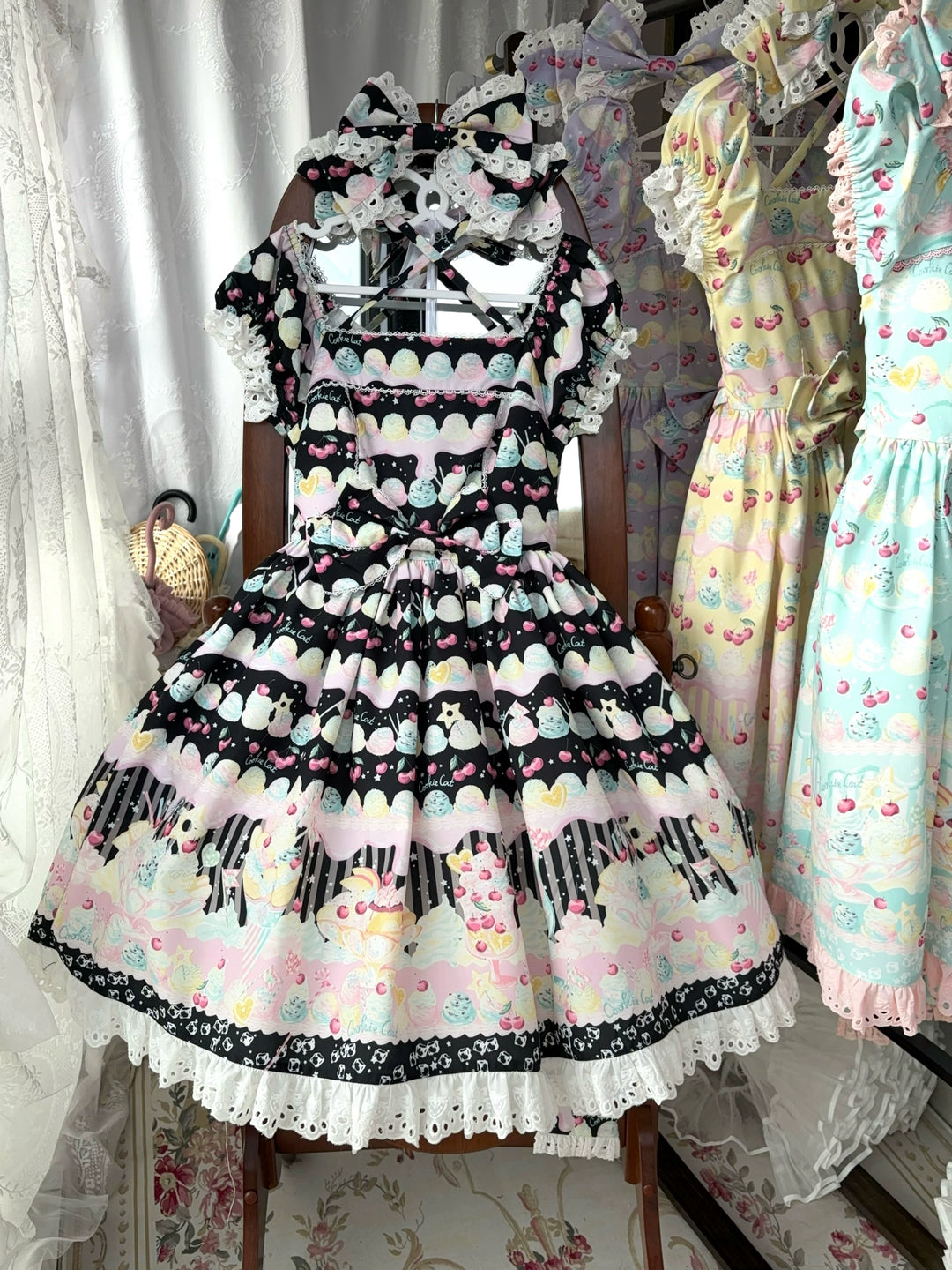 Lamp Flower Lolita~Summer Dream Ice Cream~Sweet Lolita OP Dress OP + 3 Appliques Only S Black