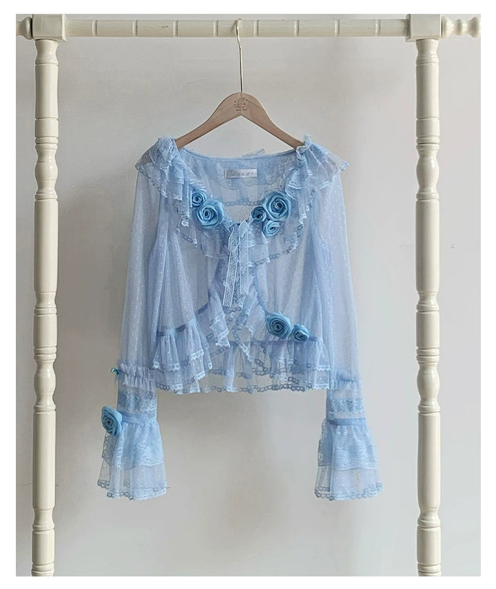 With PUJI~Flower Visage~Summer Lolita Sheer Cardigan with Rose Brooch 42927:759140