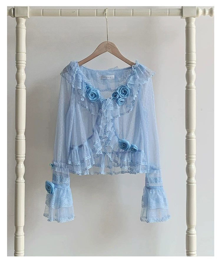 With PUJI~Flower Visage~Summer Lolita Sheer Cardigan with Rose Brooch Water Blue - Cardigan Only S