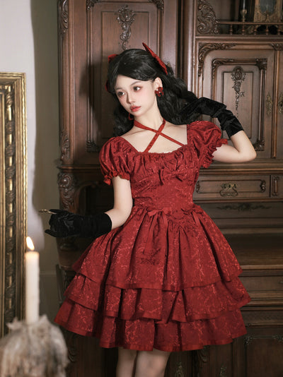 Eieyom~Elegant Lolita Short Sleeve Red Dress burgundy S 