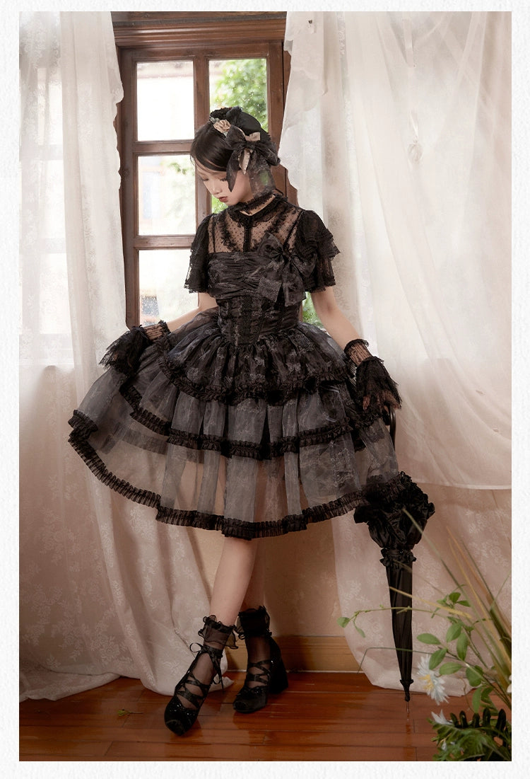 With PUJI~Butterfly Dream SP~Classic Lolita JSK Dress Fishbone Black Dress   